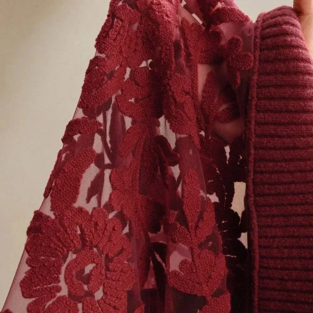 Burgundy Casual Women's Floral Pattern Round Neck Long Sleeve Knit Sweater